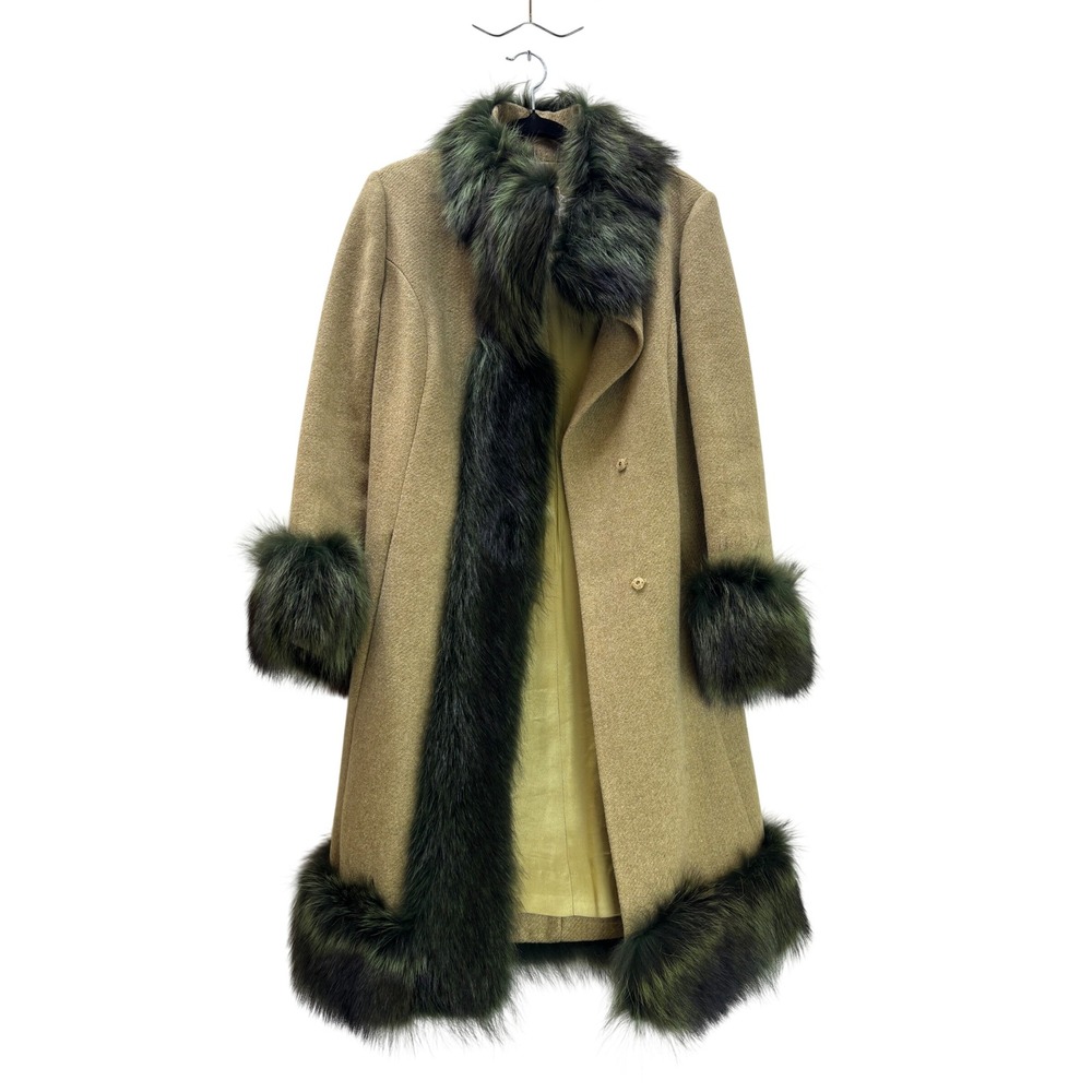 Berkeley's Fresno Vintage Tan Wool Coat Green Faux Fur Trim Belted Longline L